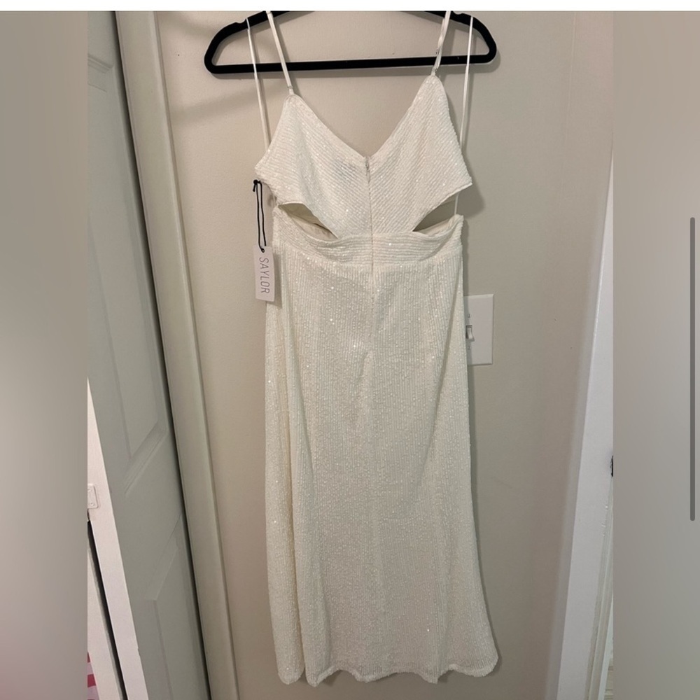 NWT Saylor $308 Harmonie White Sequin Cutout Cross High Slit Dress - Medium - Picture 6 of 7